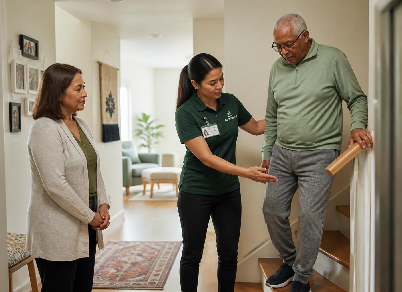 A physiotherapist guides an older man on the stairs at home while a family caregiver watches and learns.